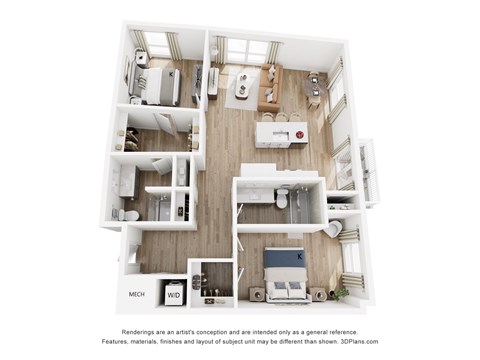 A 3D floor plan of a small apartment with a kitchen, living room, and two bedrooms.